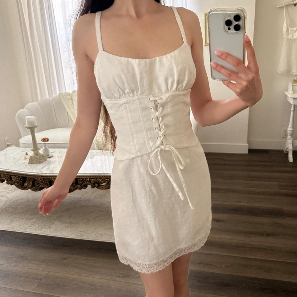 REFORMATION Linen White Ainsley Corset Tie Summer Mini Dress